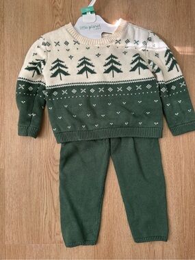 little planet Green & Cream Knit Kids Matching Set